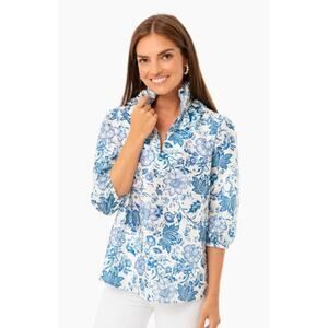 Tuckernuck Ruffle Neck Collar Blouse Blue White Floral Print NWT XS